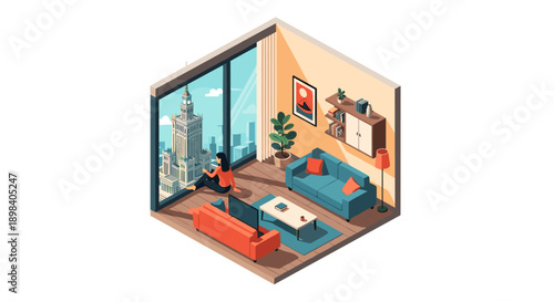 Cozy urban living room in isometric design with large window