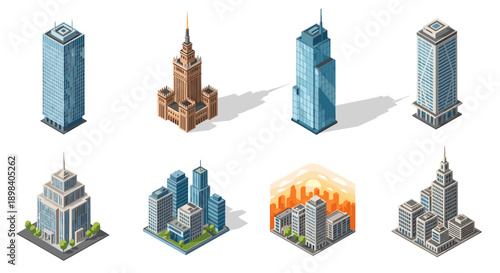 Isometric cityscape: collection of stylish skyscraper designs with urban sunlight
