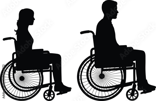Silhouettes of a woman and a man in wheelchairs side by side on a white background people