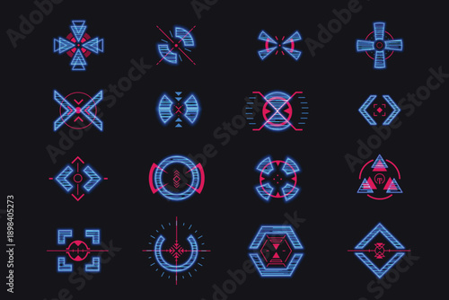 Neon geometric targeting reticle icons with blue and pink glow on dark background