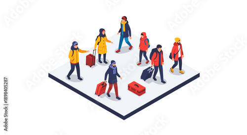 Diverse travelers in winter outfits with luggage on isometric platform