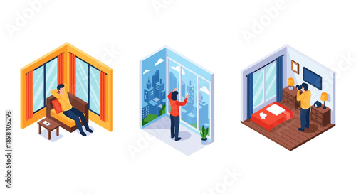 Isometric home scenarios: relaxation, city views, photography