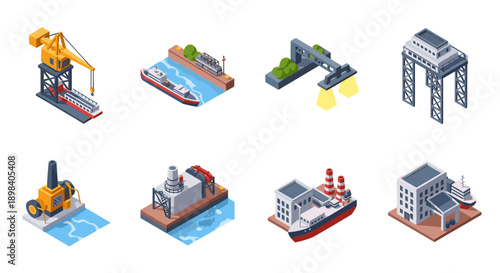 Isometric harbor elements with ships, cranes, and buildings for design projects