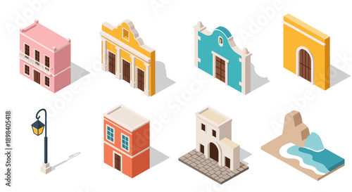 Charming isometric mexican architecture with colorful colonial buildings and street elements