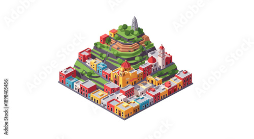 Colorful isometric city with central hill and buildings in layers
