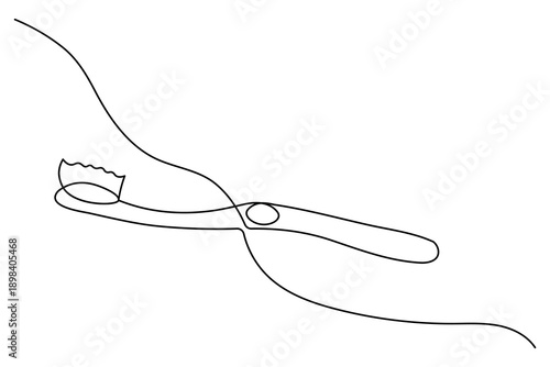 A minimalist continuous one line drawing of a toothbrush on a white background, perfect for dental health and oral hygiene design concepts in a modern vector style.