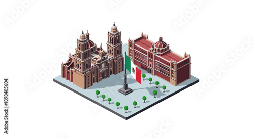 Isometric view of mexican landmark with flag and historic buildings