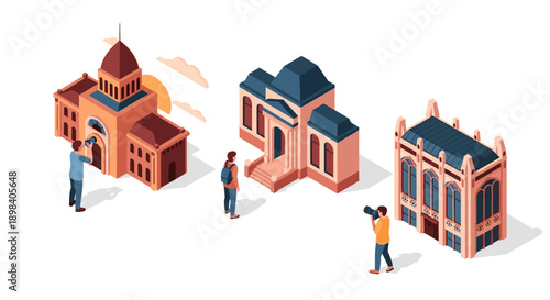 Isometric architectural landmarks with people photographing urban cityscape at sunset