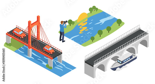 Isometric urban scene with bridges, river, and photographer capturing sunset