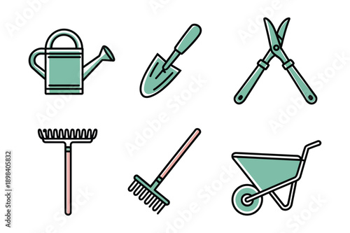 Gardening Tools Icons: Watering Can, Trowel, Pruners, Rake, Wheelbarrow