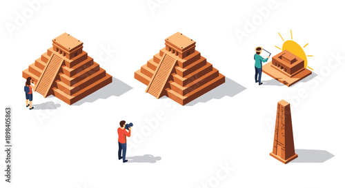 Isometric maya pyramids with tourist activities and sunlit obelisk