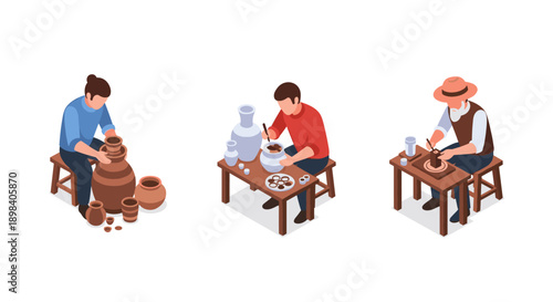 Creative isometric artisans crafting pottery and ceramics in workshops