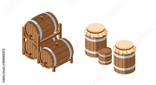 Isometric wooden barrels and casks collection for brewing and storage
