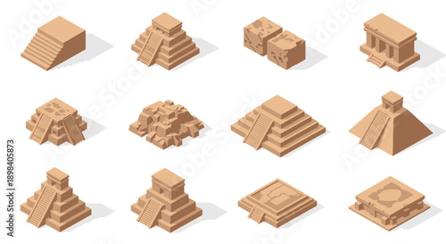 Isometric ancient pyramid collection featuring various historical structures