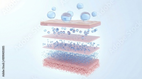 Innovative multilayer filtration system with water purification bubbles,3D illustration of clean technology,moisture absorption and molecular filtering concept