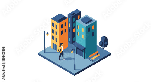 Isometric urban scene with pedestrian and colorful buildings
