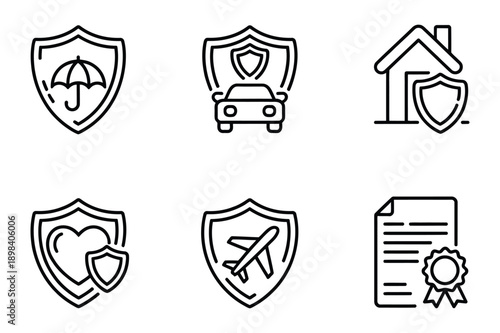 Insurance Icons: Umbrella, Car, Home, Heart, Airplane, Certificate