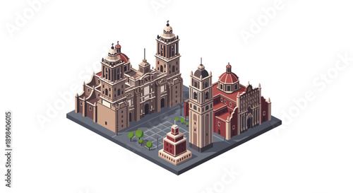 Isometric cathedral architecture with historic cityscape elements