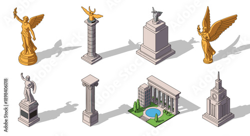 Isometric architectural monuments and statues set with shadows