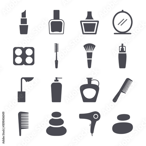 Beauty and Cosmetics Line Icon Set - Makeup, Skincare, and Hair Care Tools