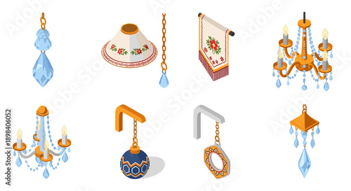 Isometric indoor decor: chandeliers and ornaments with floral patterns