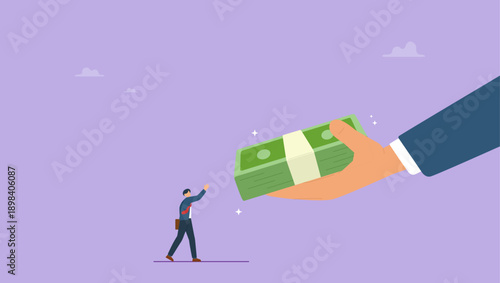 Businessman hand giving money banknote to happy employee. Getting paid, salary, wages payment or bonus, reward or employee benefits, tax refund or investment profit earning, loan or mortgage.