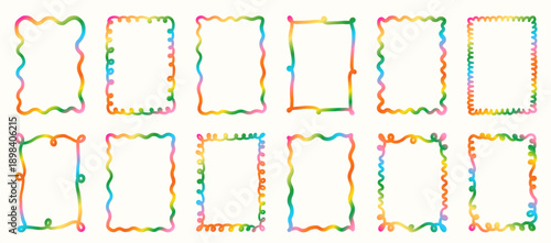 Colorful gradient wavy vector frames, Curvy rectangular shaped doodle borders for spring and summer kids designs