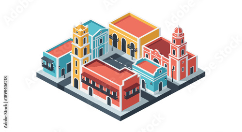 Colorful isometric cityscape with vibrant colonial architecture and streets