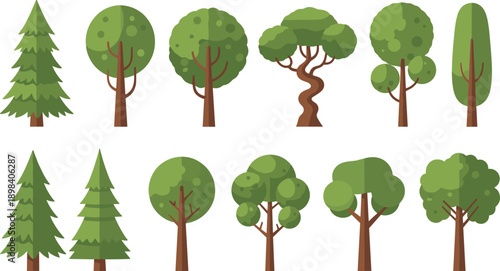 cartoon tree collection set, different forest tree types illustration, green nature plant vector icons, isolated woodland graphic design pack