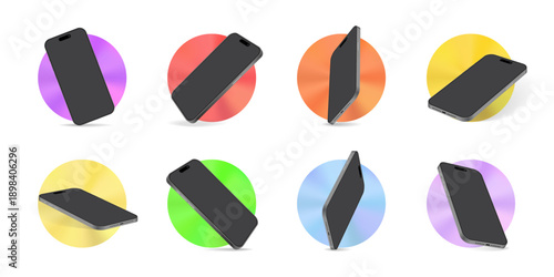 Smartphone Mockup Set with Colorful Gradient Circles, Front, Side and Perspective Views, Floating Mobile Phone Angles for Modern UI App Presentation, Technology Vector Illustration