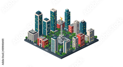 Isometric cityscape with skyscrapers and urban buildings