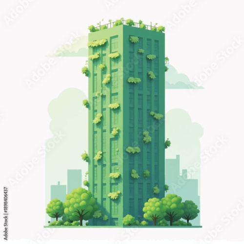 Sustainable green skyscraper with lush vegetation in modern cityscape
