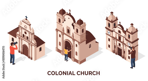 Isometric colonial churches with photographers capturing architecture