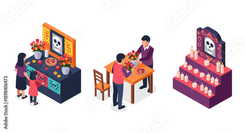 Day of the dead celebration: family decorating altars with candles and flowers in isometric style