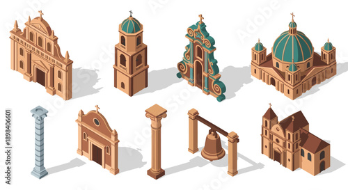 Isometric set of historical buildings and monuments with classic architecture