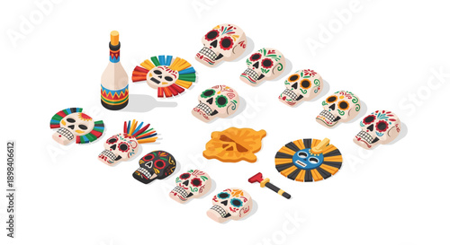 Colorful day of the dead sugar skulls and decor in isometric style