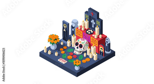 Colorful isometric day of the dead altar with sugar skull and marigolds
