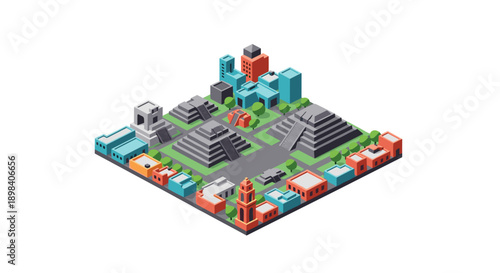 Isometric ancient cityscape with pyramids and modern architecture
