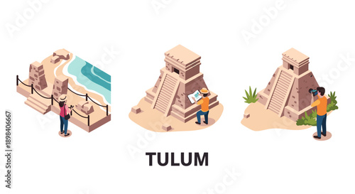 Isometric tulum ancient ruins with visitors exploring iconic mayan structures and scenic seascape