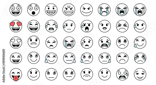 emoji facial expressions set, cute emotion icons collection, happy sad crying love faces, vector illustration isolated background for social media