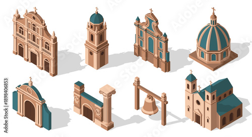 Isometric historical church architecture collection: classic structures and landmarks