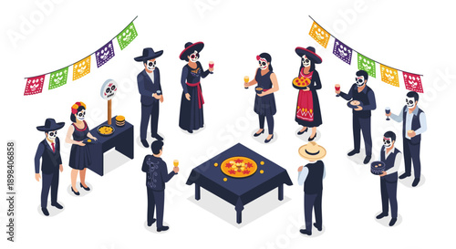 Isometric day of the dead celebration with traditional costumes and decorations