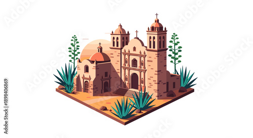 Isometric mission church with desert plants and sunset in minimal style