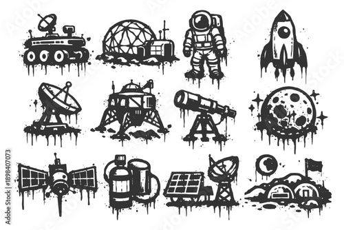 Black and white space exploration icons: astronaut, rocket, telescope, moon, satellite.