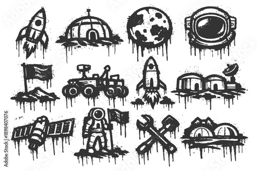 Space exploration icons: rockets, astronauts, moon, rover, helmets, stations.