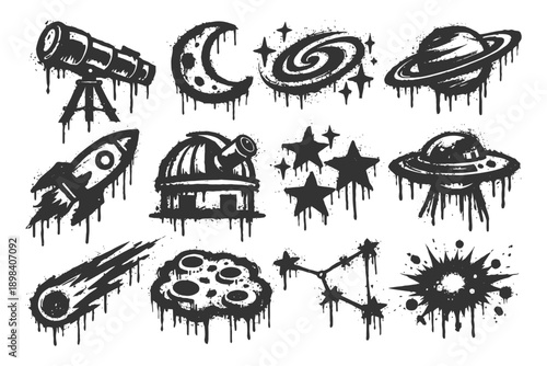 Space exploration icons: telescopes, rockets, planets, stars, moons, constellations.