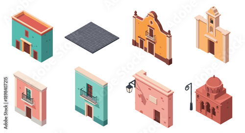 Isometric historic architecture collection featuring colorful buildings and detailed facades