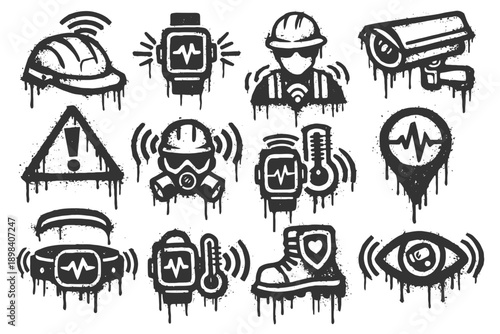Graffiti-style safety icons with hard hats, cameras, masks, and more.