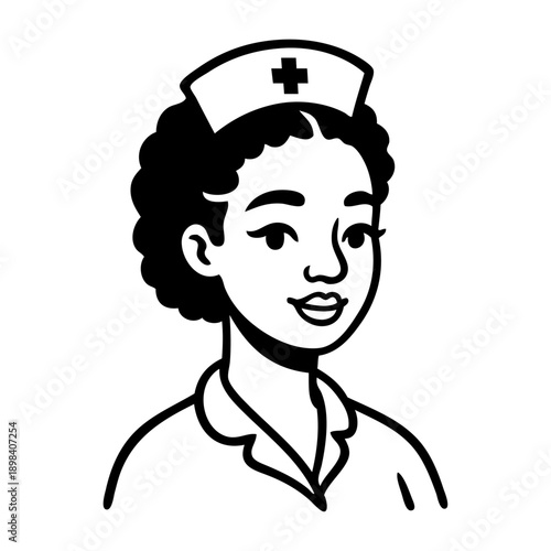 Dibujo sencillo con líneas de cara de mujer enfermera de raza negra