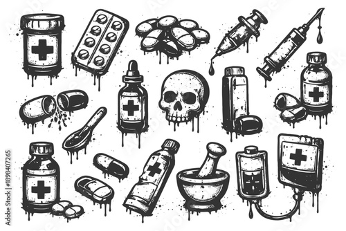 Vintage medical icons: skull, syringe, pills, bottles, and mortar and pestle with dripping effect.
